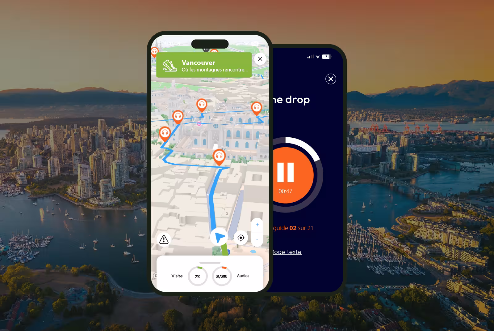 Vancouver audioguide mobile application interface on smartphone with the city and the ocean in the background.