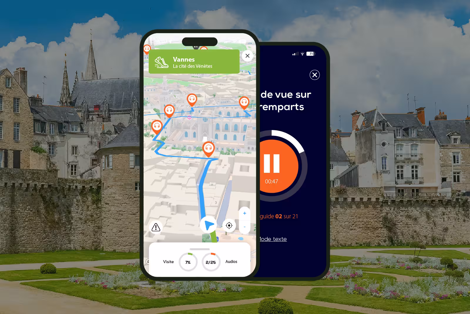 Vannes audioguide mobile application interface on smartphone with the ramparts in the background.