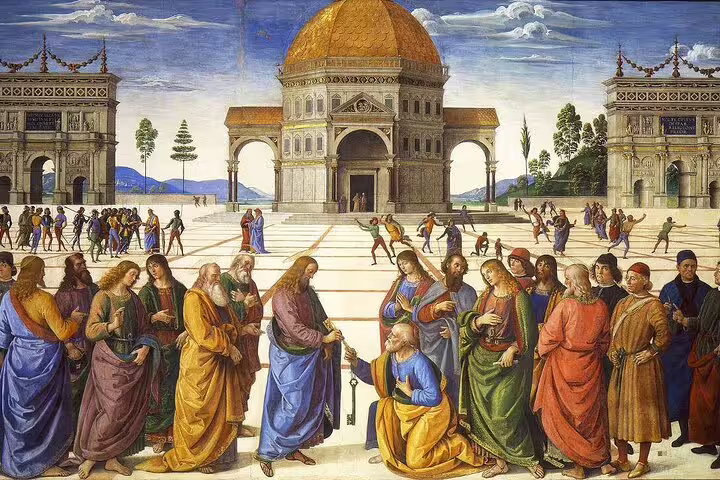 Renaissance fresco in the Vatican Museums depicting Christ giving keys to Saint Peter, visited on Rome private VIP tour
