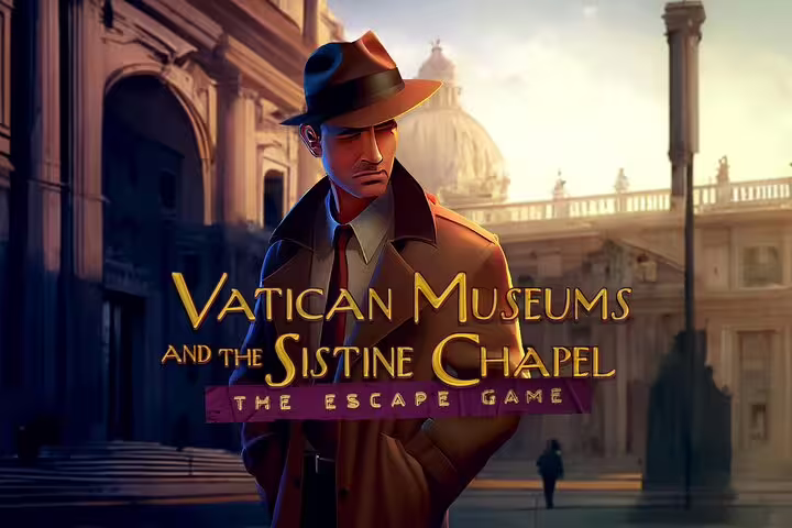 Vatican Museums and Sistine Chapel escape game promotional art featuring a detective in Rome