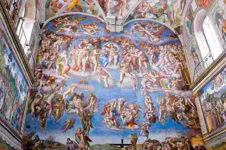 Tour guests admire Michelangelo’s Last Judgment in the Sistine Chapel on a Vatican City skip-the-line excursion from Civitavecchia cruise port