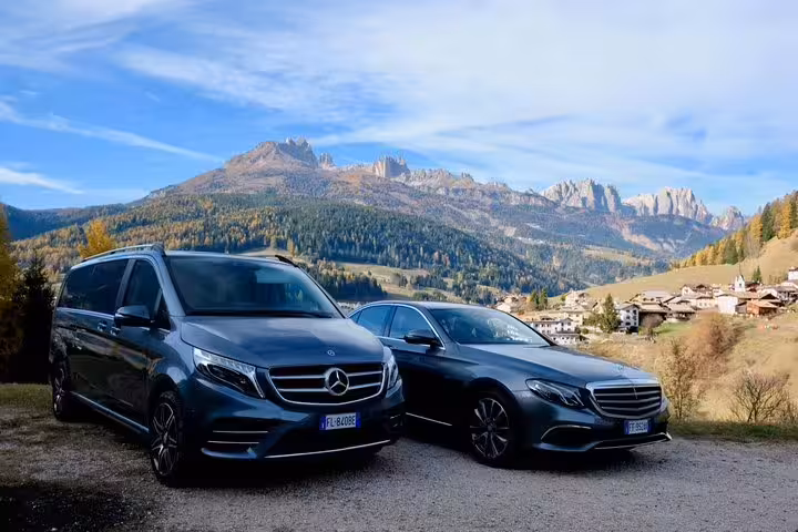 Mercedes van and sedan in the Dolomites, private transfer Venice to Canazei or Ortisei with premium comfort