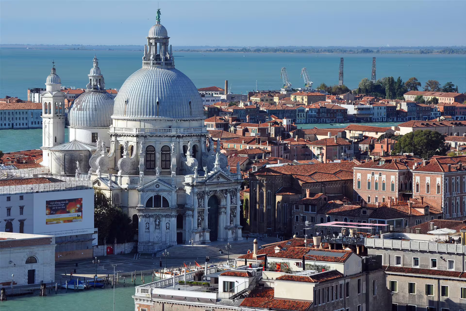 Aerial view of Santa Maria della Salute and terracotta rooftops along the Grand Canal on a 2-day Venice trip from Rome