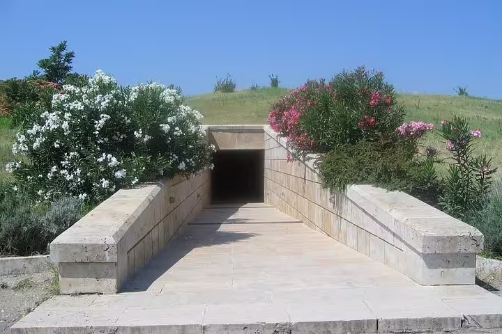 Entrance walkway to the Royal Tombs of Vergina museum in Ancient Macedonia, stop on the multi day Greece tour