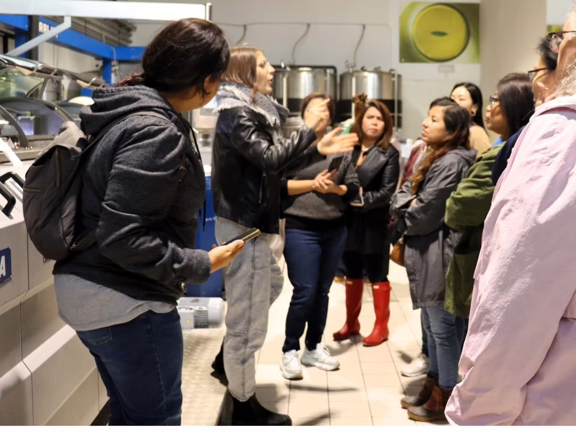 Visitors listening to a guide inside a Verona olive mill during an extra virgin olive oil tour and tasting