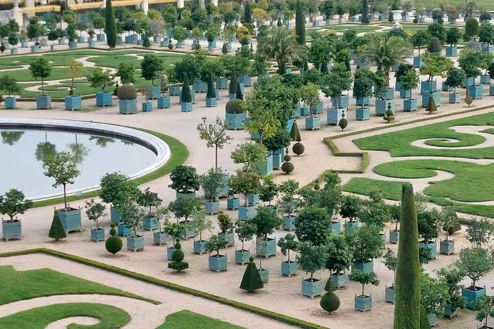 Aerial view of Versailles Gardens with rows of trees in turquoise planters surrounding a circular fountain