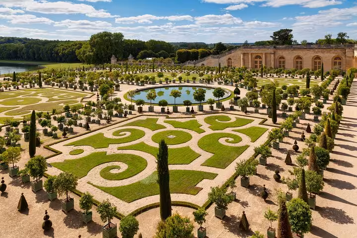 Versailles Gardens parterre and reflecting pool, panoramic view on guided garden tour and palace experience