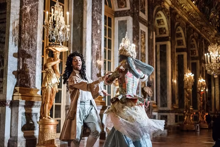 Costumed performers dancing in baroque style at the Hall of Mirrors, Palace of Versailles