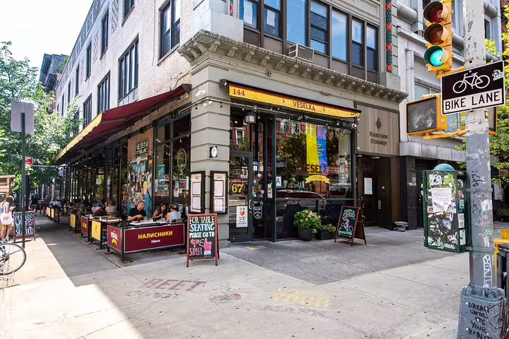 Veselka restaurant corner at 144 Second Avenue in Manhattan's East Village, New York City