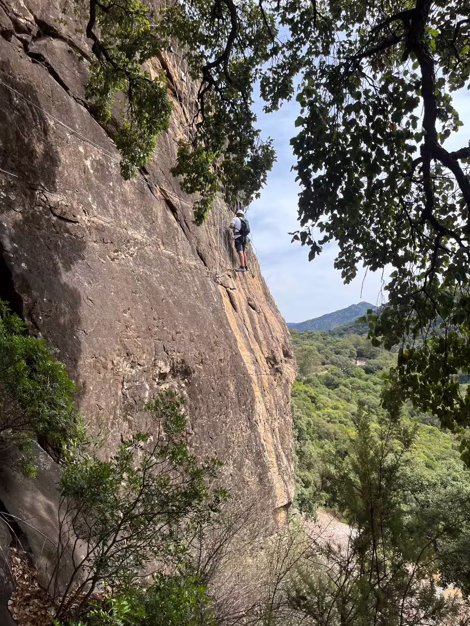 Climber ascends rocky via ferrata route in Alcornocales Natural Park, surrounded by lush greenery and scenic views.