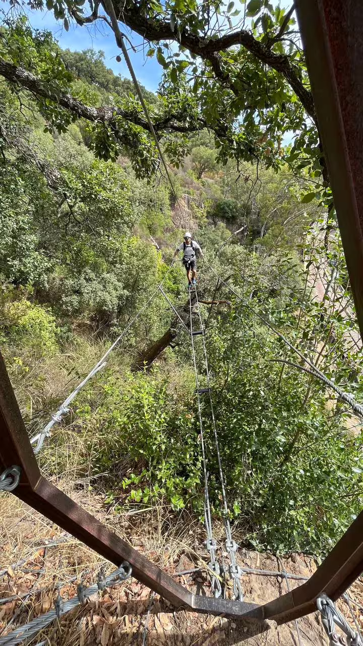 Adventurer crossing a narrow suspension bridge amidst lush greenery in Alcornocales Natural Park.