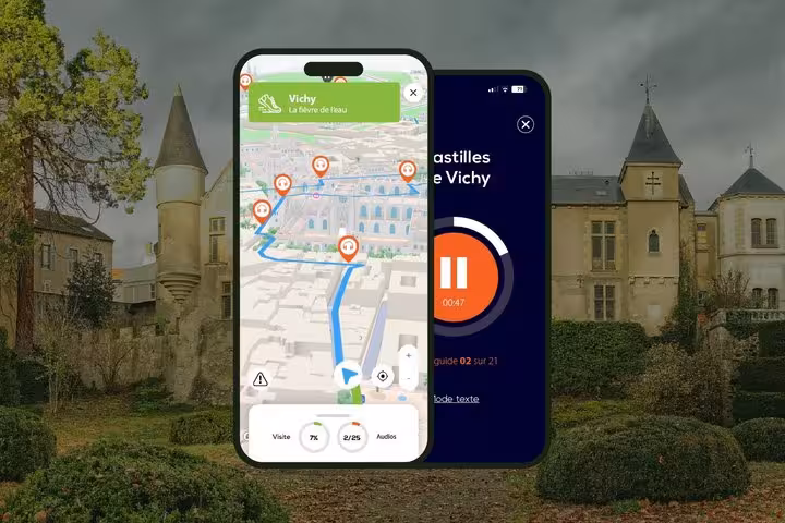 Self-guided walking tour app in Vichy showing GPS map navigation and audio guide on two smartphones