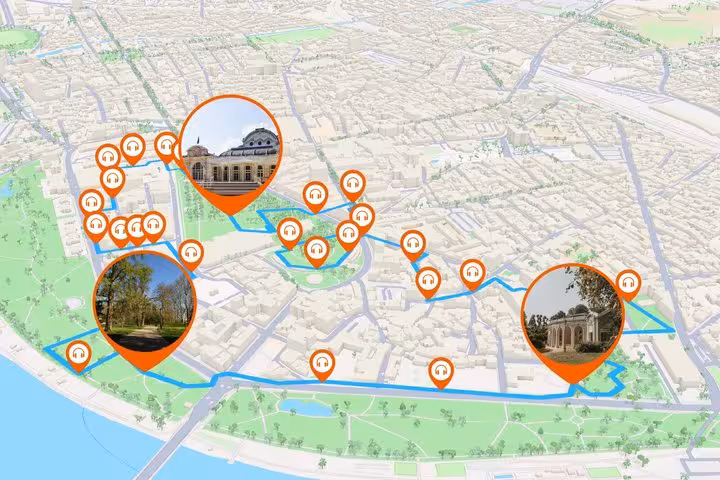 Interactive GPS audio guide map of Vichy self-guided walking tour with orange location pins and landmark photos