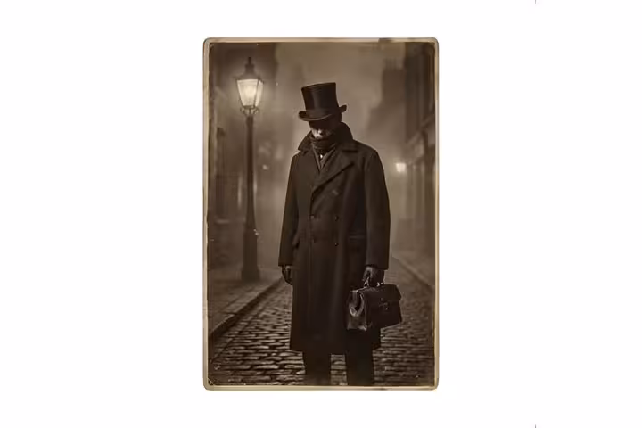 Victorian man in top hat and long coat holding a bag on foggy cobblestone street at night