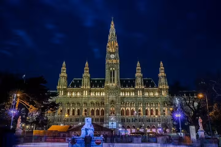 Illuminated Vienna City Hall at night, showcasing stunning Gothic architecture during a private sightseeing tour.