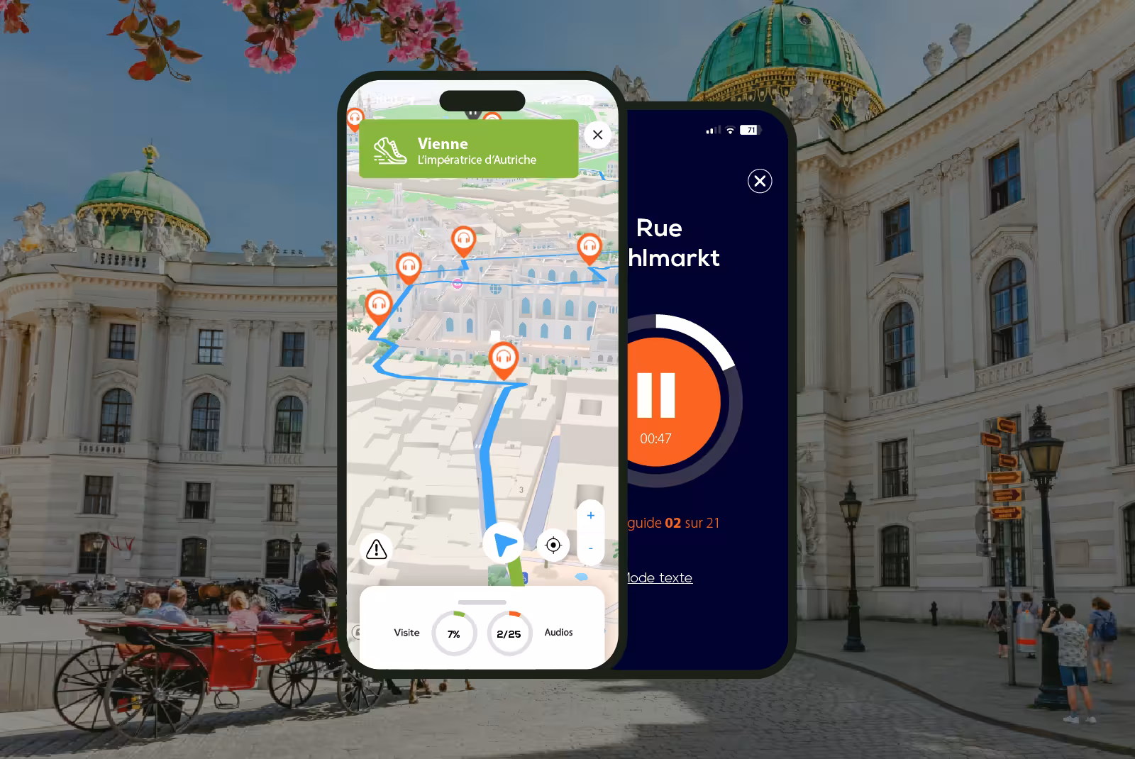 Self-guided audio walking tour app showing 3D map of Vienna with Hofburg Palace in background