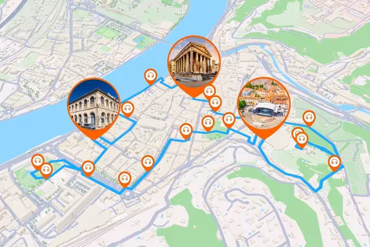 Audio walking tour map of Vienne France with 19 highlighted stops including Roman amphitheater and temple