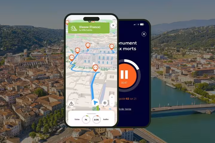 Self-guided audio walking tour app showing map and audio guide for Vienne France highlights