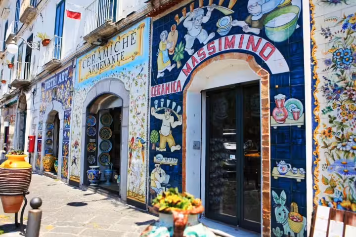 Colorful Vietri sul Mare ceramic shopfront on Amalfi Coast private tour from Naples, Pompeii or Sorrento