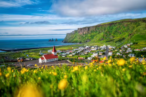 A picture of Vik i Myrdal taken from a nearby hill.
