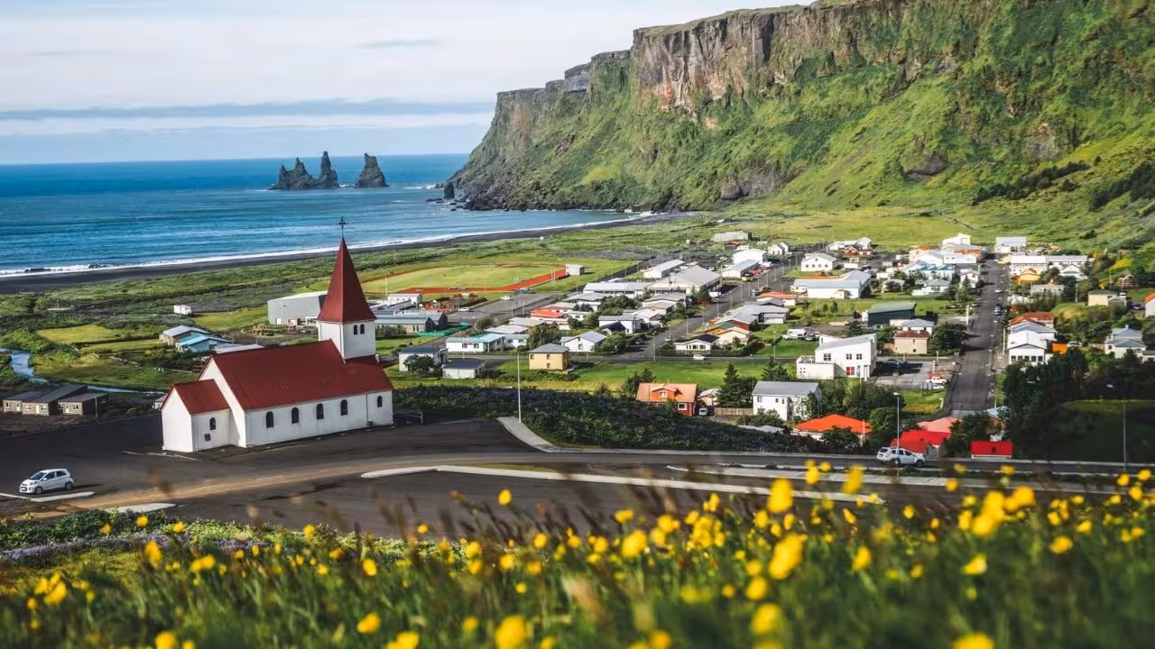 Vik village and Reynisdrangar sea stacks by black sand beach on Iceland South Coast and Golden Circle tour
