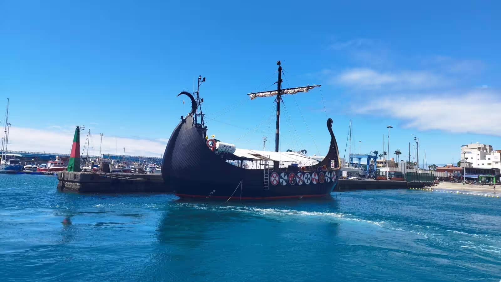 Authentic Viking ship docked in harbor, ready for 2-hour whale and dolphin watching cruise adventure.