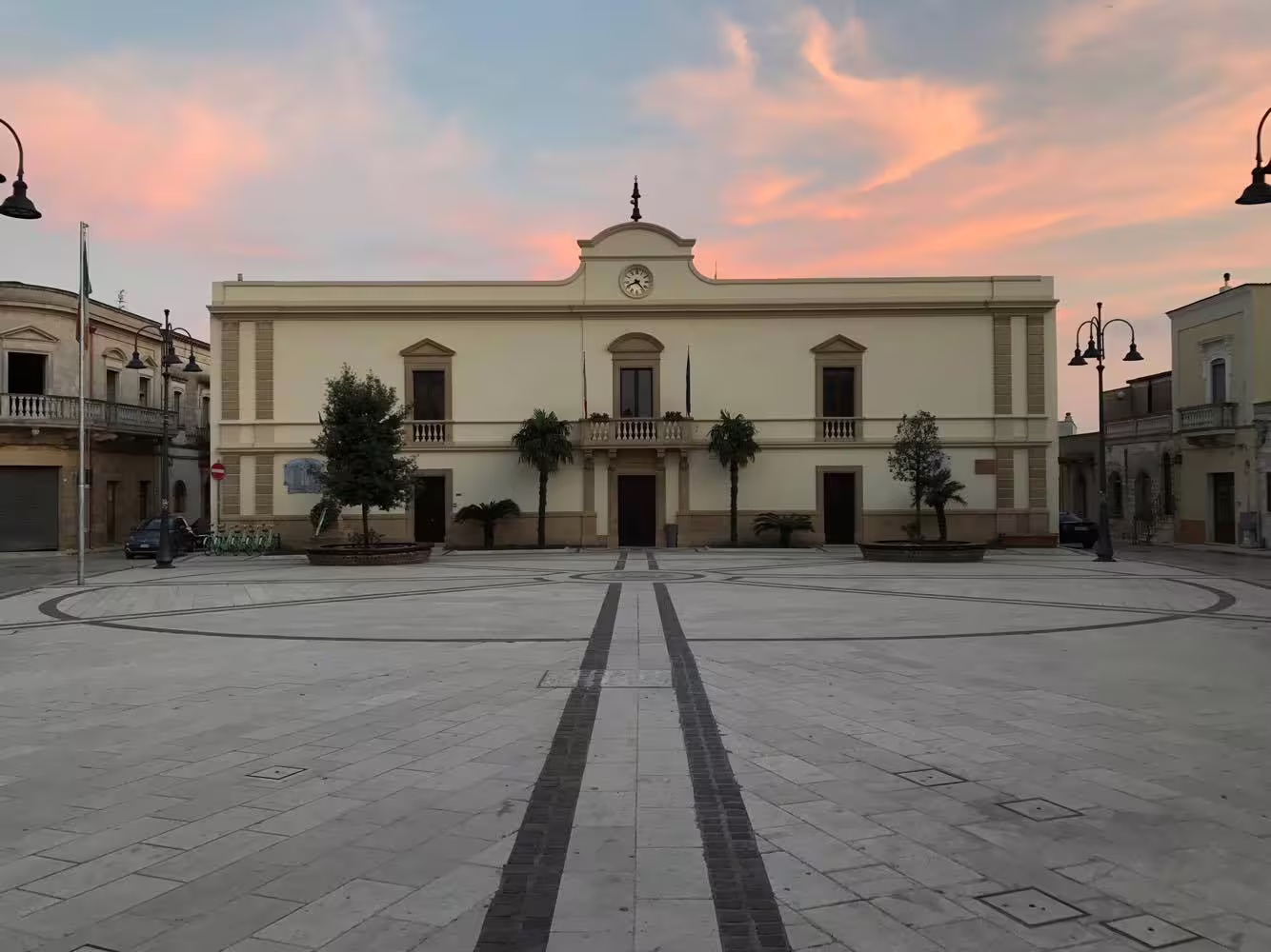 Villa Castelli main square and town hall at sunset, scenic stop on highlights walking tour with olive oil tasting