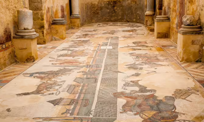 Villa Romana del Casale corridor mosaic in Piazza Armerina, highlight on Palermo to Taormina stop
