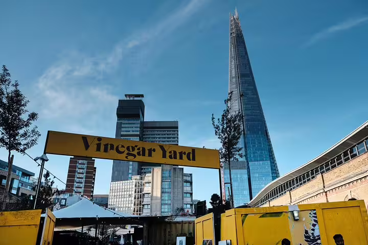 Vinegar Yard entrance sign with The Shard skyscraper in background, Bermondsey London