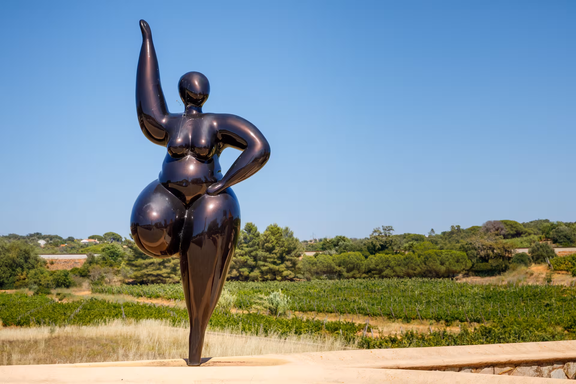 Bold black sculptural figure at a scenic vineyard welcoming visitors to a free-flow guided wine tasting tour