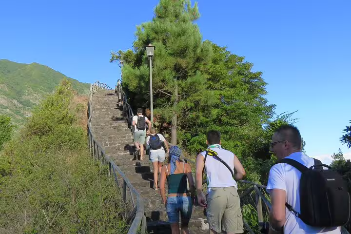 Group of tourists ascending stone steps through lush vineyard with clear blue sky on a 4x4 adventure wine tour.