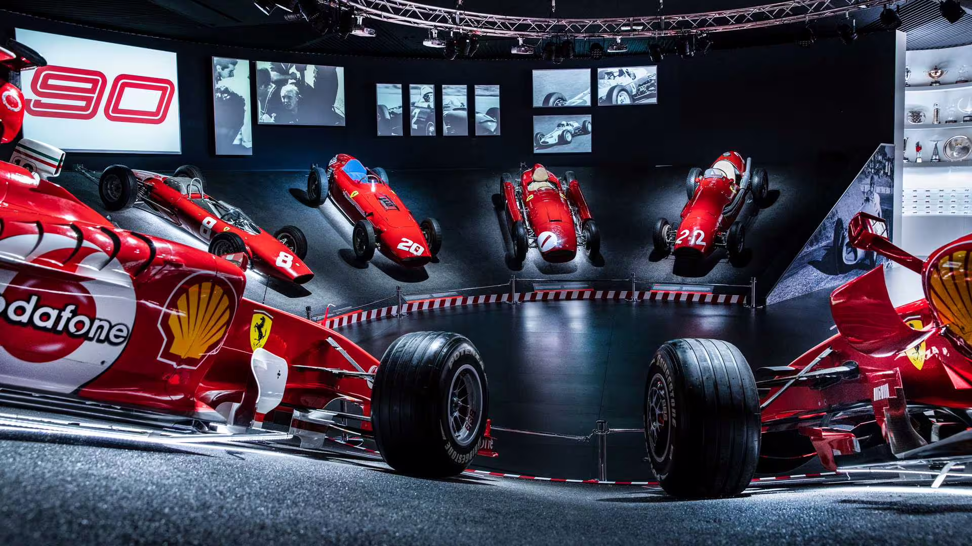 Vintage Ferrari race cars exhibit at Ferrari Museum Maranello, add-on to Fiorano track panoramic shuttle tour