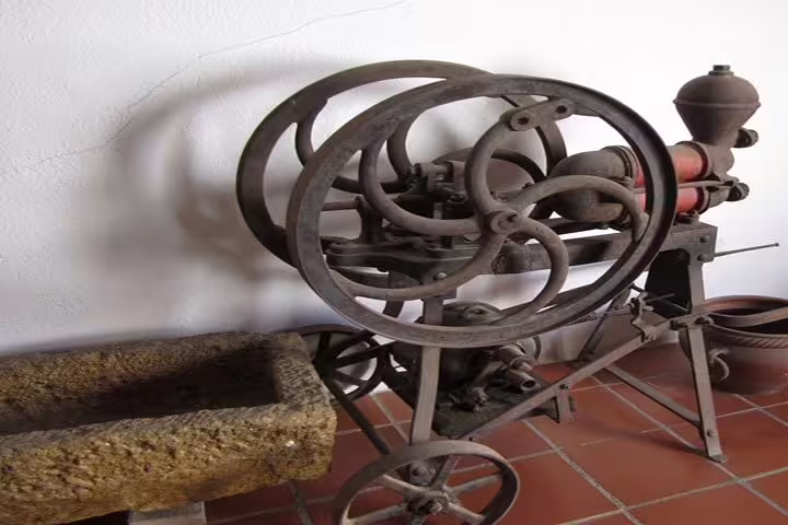 Explore traditional winemaking with this vintage grape processing machine in a Penedés wine cellar.