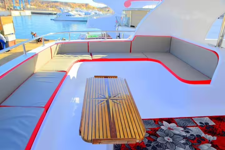 Spacious VIP boat upper deck with sea view, ideal for White Island and Ras Mohamed snorkeling cruise