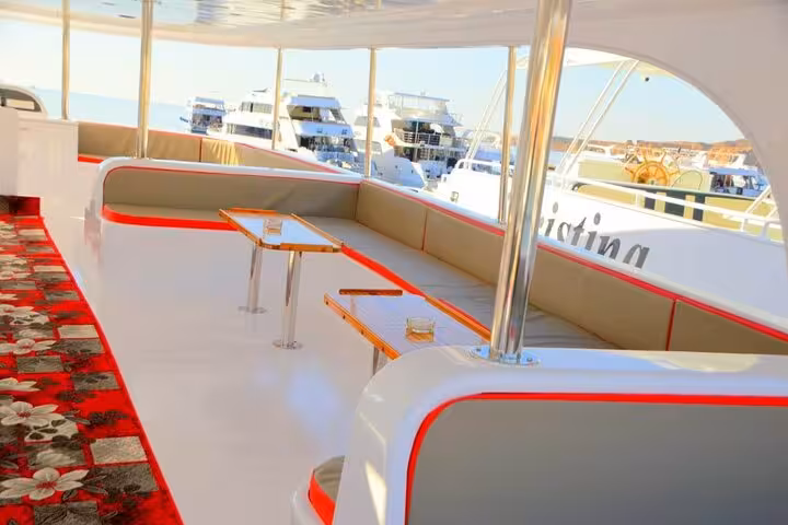 Shaded VIP boat lounge seating for Ras Mohamed and White Island snorkeling and diving day trip in Sharm El Sheikh