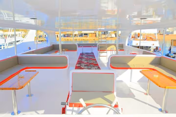 Spacious VIP boat seating area in Sharm El Sheikh marina, comfort for Ras Mohamed and White Island tour
