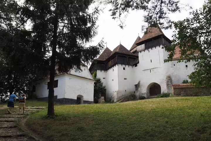 Viscri fortified church white towers with conical roofs surrounded by trees in Transylvania Romania