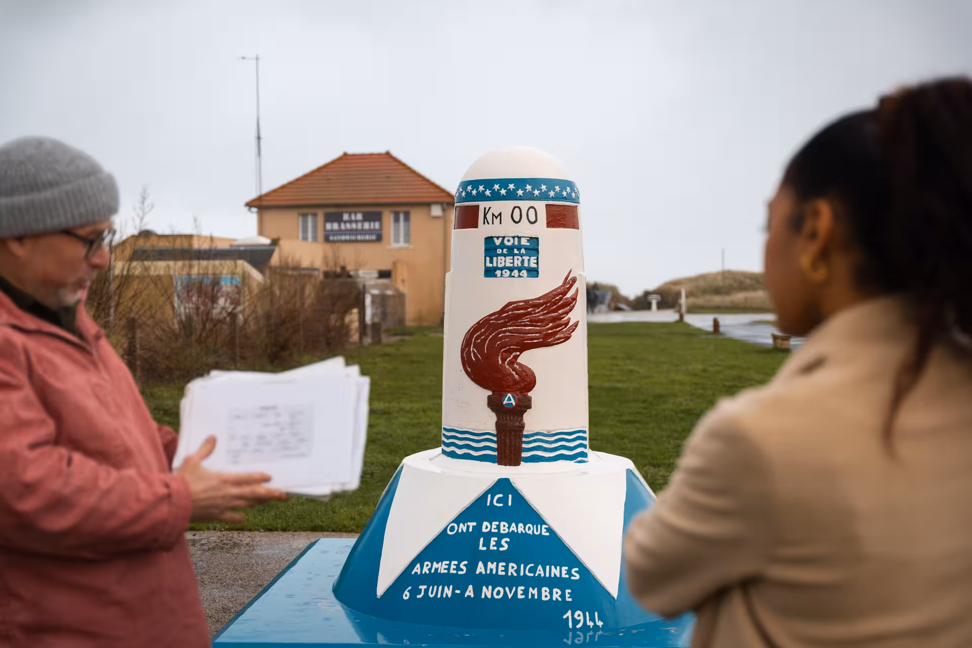 Km 00 Voie de la Liberté milestone marker commemorating D-Day American army landing in Normandy 1944