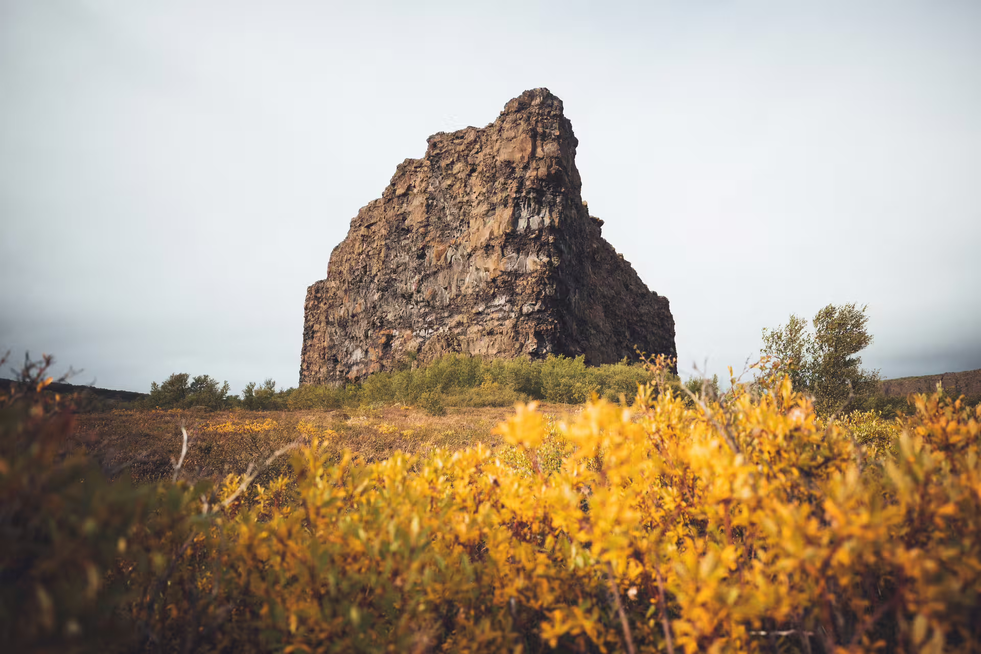 Dramatic volcanic rock formation rising above autumn shrubs in North Iceland's Diamond Circle landscape