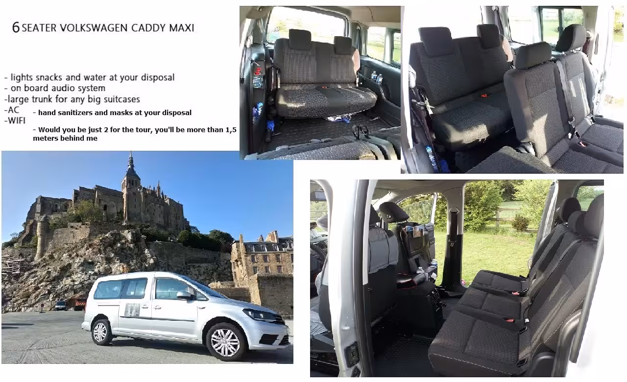 6-seater Volkswagen Caddy Maxi interior and exterior with comfortable seats, AC, WiFi for private Paris tours