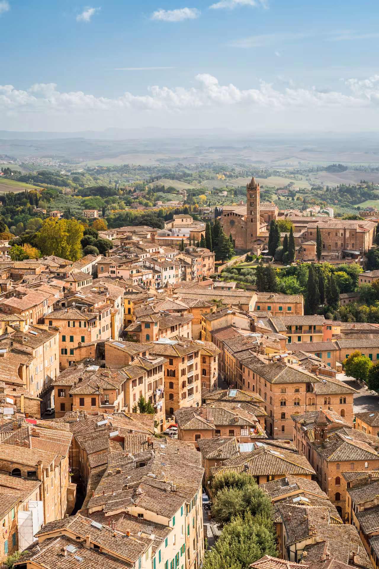 Panoramic view of Volterra's charming medieval architecture surrounded by lush Tuscan landscapes.