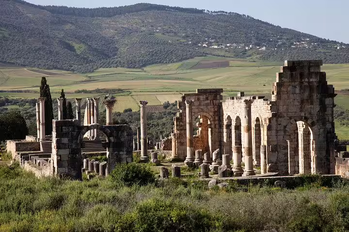 Volubilis Roman ruins with columns and arches near Meknes, visited on a 12-day Morocco tour from Marrakech