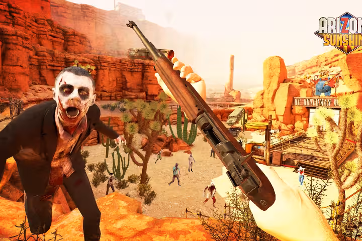 VRoom 20' Arizona Sunshine VR zombie shooter in desert canyon, player aiming rifle at approaching undead