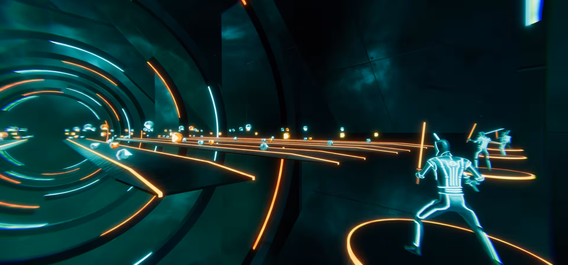 Neon sci-fi tunnel runner gameplay in VRoom 20' with glowing avatars, obstacles, and immersive VR adventure
