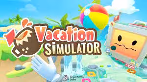 VRoom 45' Vacation Simulator VR experience banner with cartoon beach scene, playful robot and colorful logo