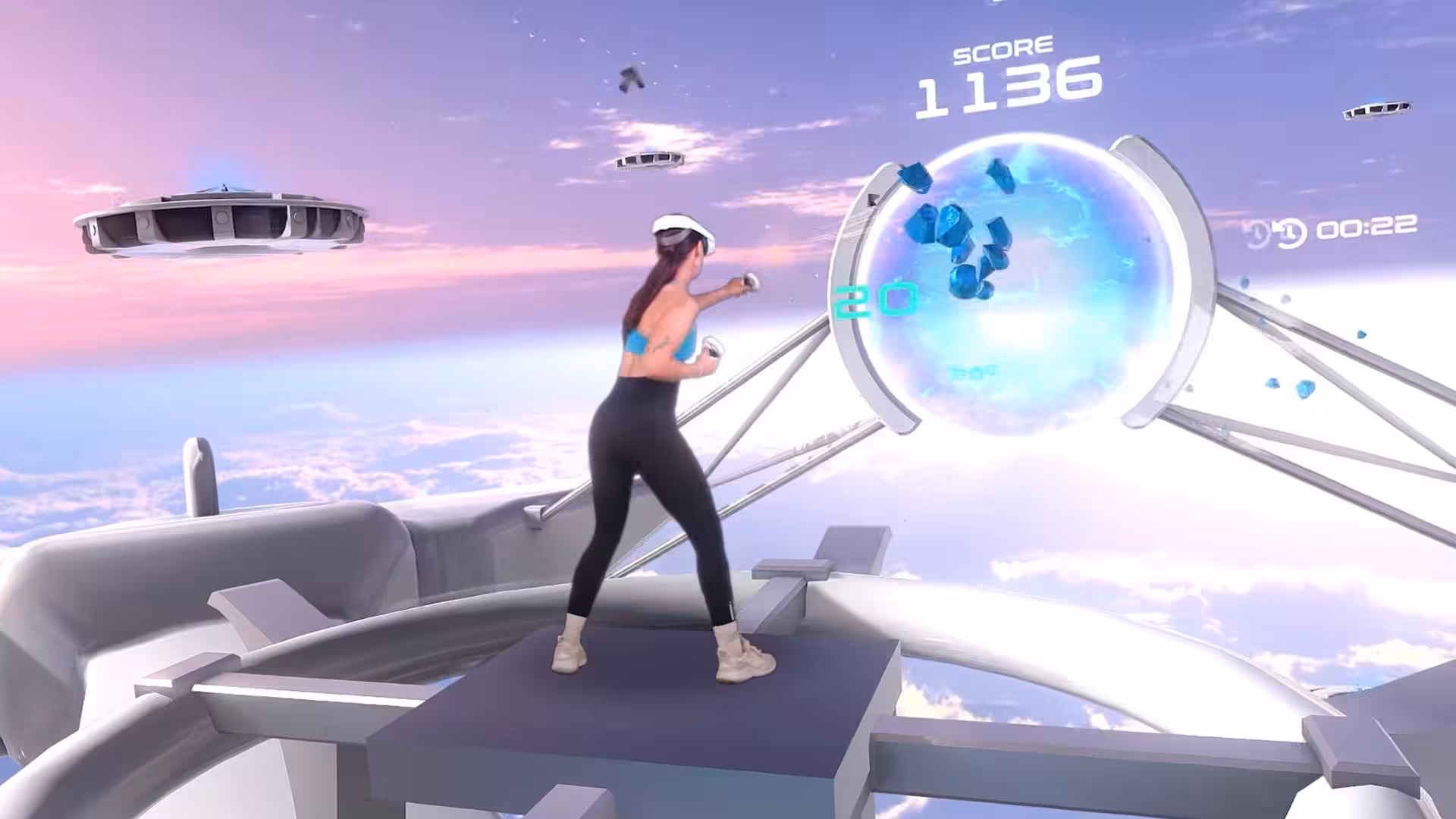 VRoom 45' immersive VR fitness boxing game in sky arena, player punching targets with score overlay