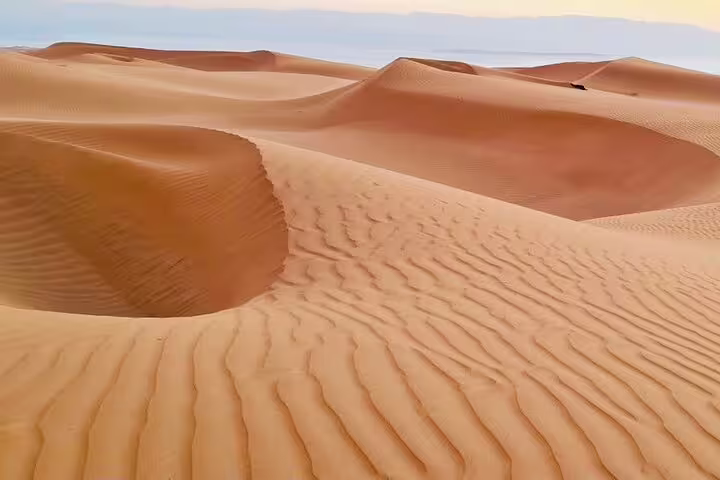 Sweeping view of Wahiba Sands' undulating dunes, highlighting the endless desert landscape under a clear sky.