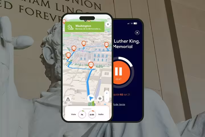 Washington DC self-guided audio tour app showing 3D map navigation and MLK Memorial audio guide on smartphone