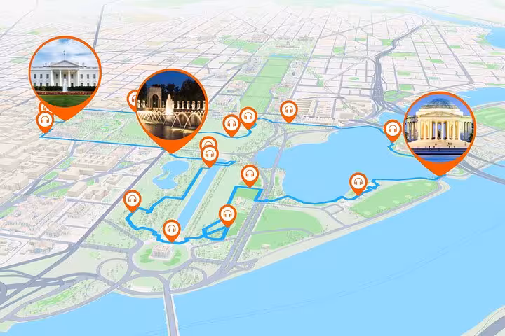 Map of Washington DC self-guided audio tour route highlighting White House, WWII Memorial, and Jefferson Memorial