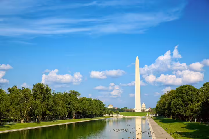 Washington Monument and Reflecting Pool on the National Mall with US Capitol in background, Washington DC